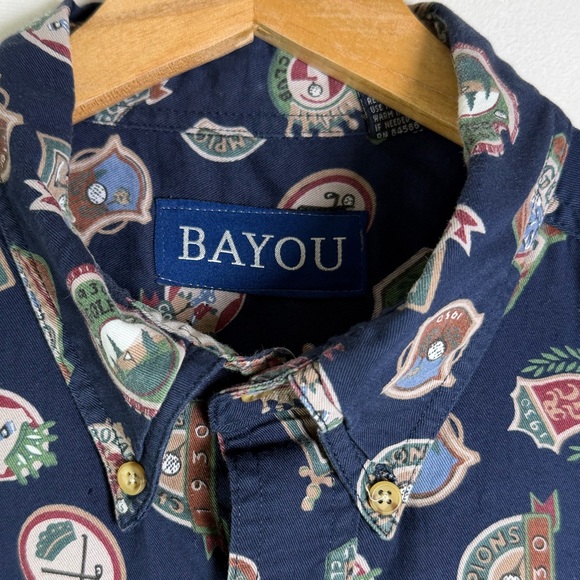 Bayou Men’s Golf Crest Print Button Down Shirt Cotton Golfcore Preppy Y2K Sz L - Picture 2 of 7